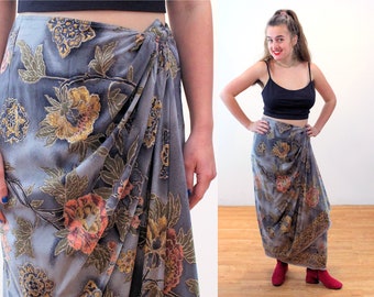 90s "J. Peterman" Sarong Skirt M, Vintage Gray Pink Olive Silk Painterly Floral Print Wrap Boho Midi Skirt, Medium
