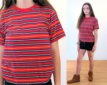 80s Striped "Merona" Tee Shirt S, Vintage Red Mod Combed Cotton Retro Sporty Short Sleeve Clowncore T-Shirt Top, Kids Large Women's Small
