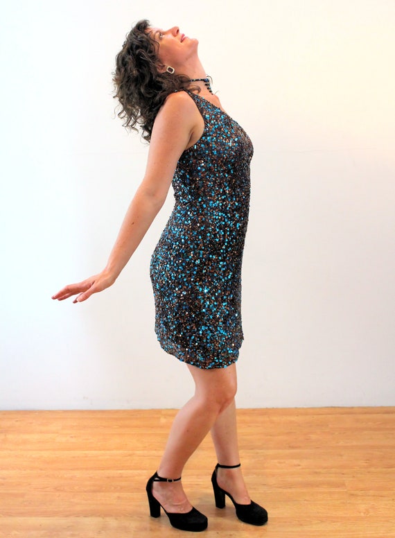 90s Scala One Shoulder Sequin Dress M, Vintage Bl… - image 4