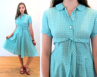 50s Windowpane Plaid Dress S, AS IS, Vintage Aqua Blue Cotton Fit & Flare Dress, Cutter Project Piece, Small