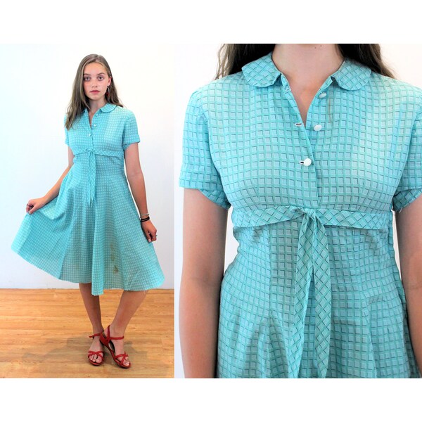 50s Windowpane Plaid Dress S, AS IS, Vintage Aqua Blue Cotton Fit & Flare Dress, Cutter Project Piece, Small