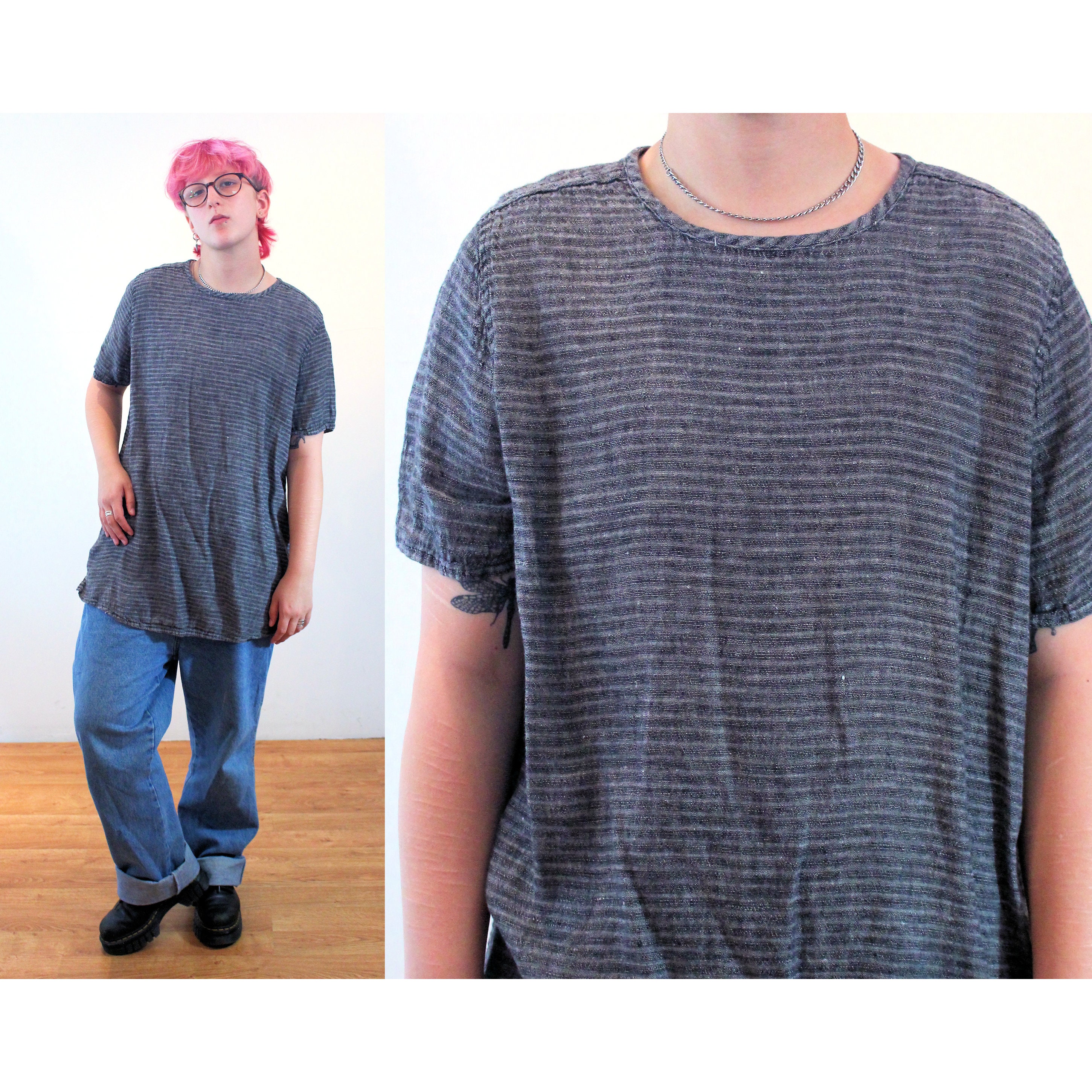 90s flax Linen Top S, Vintage Gray Striped Jeanne Engelhart