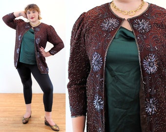 80s Beaded Silk Jacket L XL, Vintage Wine Red NOS NWT Plus Size "Stenay" India Sequin Embellished Party Top, As Is, Extra Large