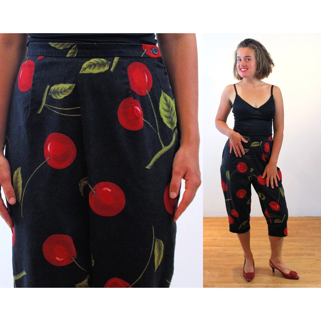 90s Cherry Print Capris M, Vintage Black Red briggs Cotton Spandex