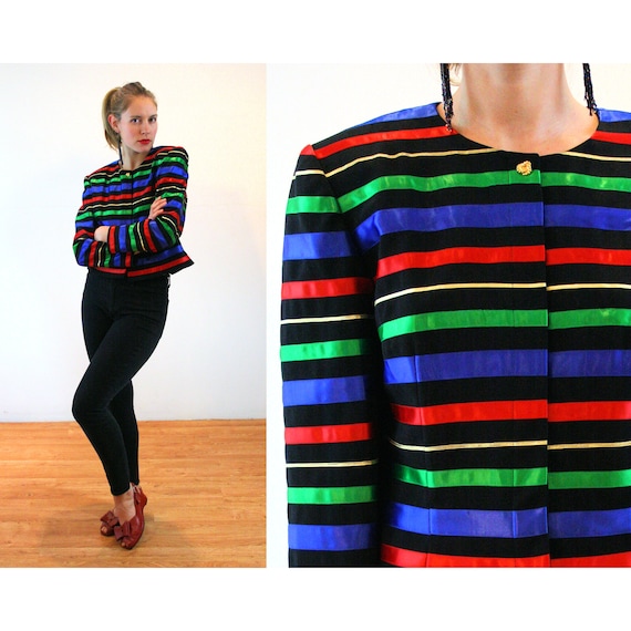 80s Rainbow Stripe Satin Jacket L, Vintage Multi Color Deadstock Glam maggy  London NOS Ribbon Applique Party Blazer, 14 Large 