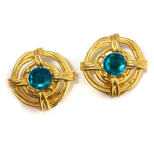 80s Green Rhinestone Earrings, Vintage Brushed Gold Tone Wire Wrapped Circle Button Clip On 1980s Elegant Earrings