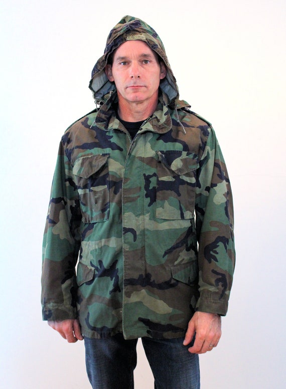 80s Camo Army Coat M L, Vintage Green Brown Hoode… - image 2