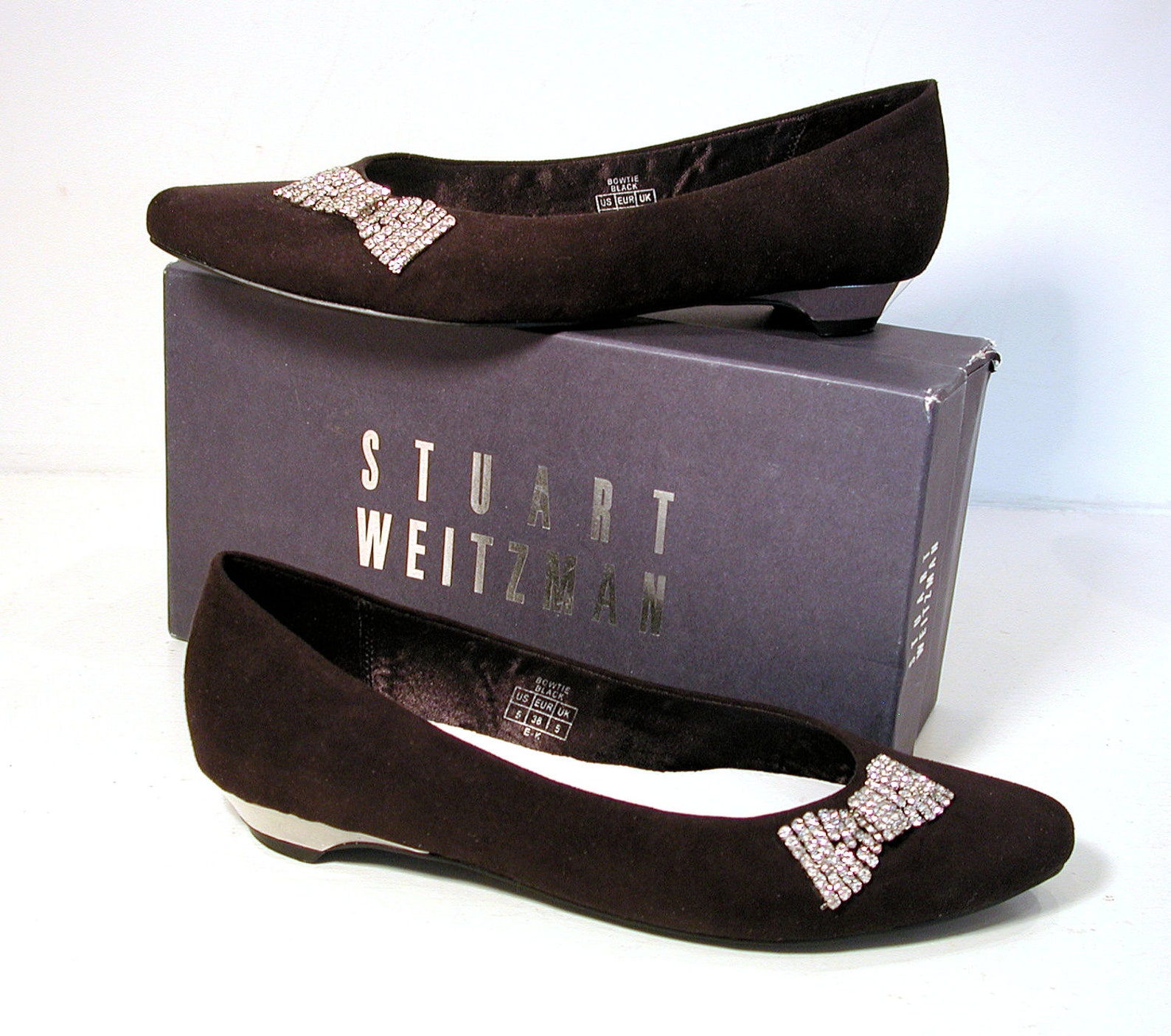 90s stuart weitzman flats size 5, black rhinestone bows designer ballet shoes microsuede metallic silver nos new old stock unwor 90s stuart weitzman flats size 5, black rhinestone bows designer ballet shoes microsuede metallic silver nos new old stock unwor