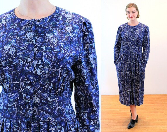 80s Karin Stevens Dress M, Vintage Navy Blue Pleated Paisley Rayon Midi, Medium