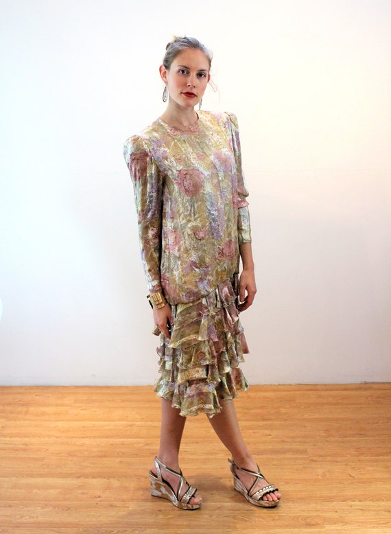 80s Couture Silk Dress M, Vintage Pastel Gray Pin… - image 2