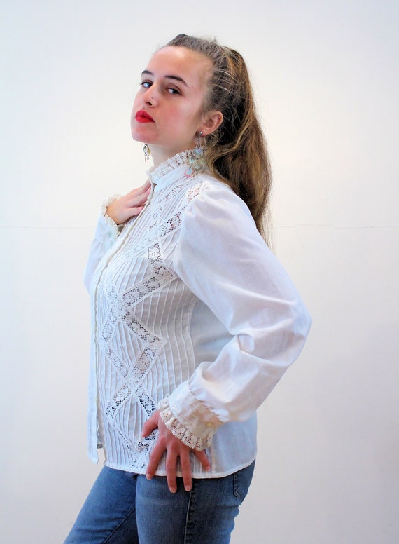 70s White Lace Blouse M, Vintage Victorian Style … - image 4