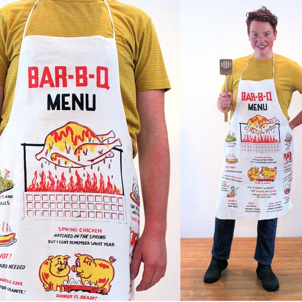 50s BBQ Chef's Apron, Vintage 1950s Barbeque Diner Cook Mid Century Funny Pigs Chickens Hot Dogs Jokes Novelty Gift Apron, One Size