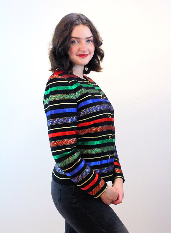 80s Metallic Rainbow Stripe Jacket M, Vintage Dea… - image 4