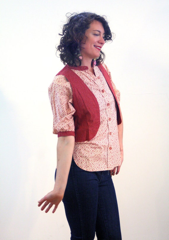 70s Calico Blouse and Vest Set S, Vintage Red Pra… - image 2