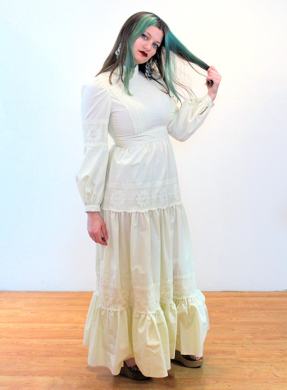 70s GUNNE SAX Prairie Dress S, Vintage Cream Crochet … - Gem