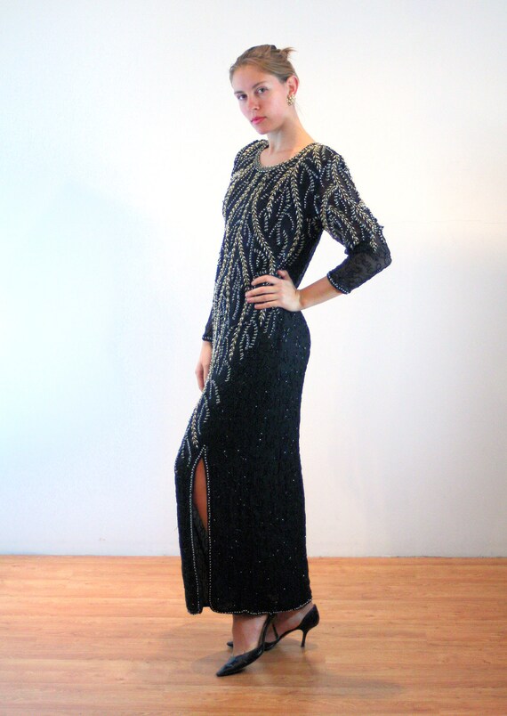 80s Silk Beaded Dress M, Vintage Black Sequin Pea… - image 5