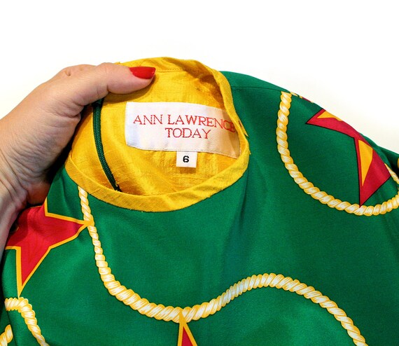 80s Silk Star Print Dress M, Vintage Green Bright… - image 6
