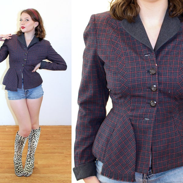 40s Plaid Wool Blazer XS, Vintage Gray Red Fitted "Ethel Jacques" 1940s Nipped Waist Forstmann Jacket, AS IS, Extra Small