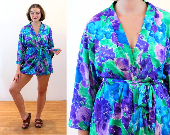 80s Abstract Floral Short Robe M, Vintage Green Bl