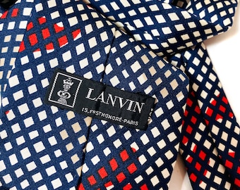 80s LANVIN Silk Tie, Vintage Mod Navy Red Geometric Print Paris Designer Bold Necktie