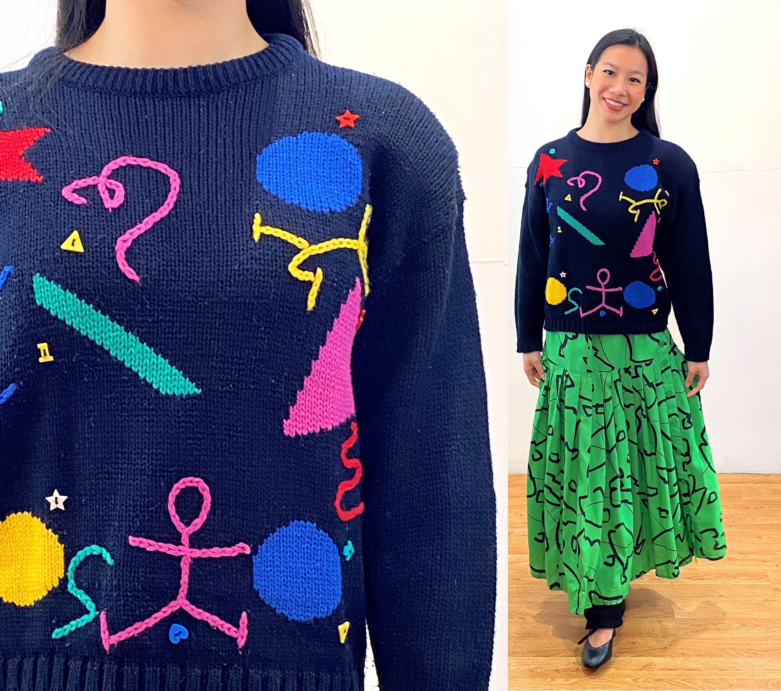 80s Novelty Sweater M, Vintage Jamie Scott Black Multi Knit