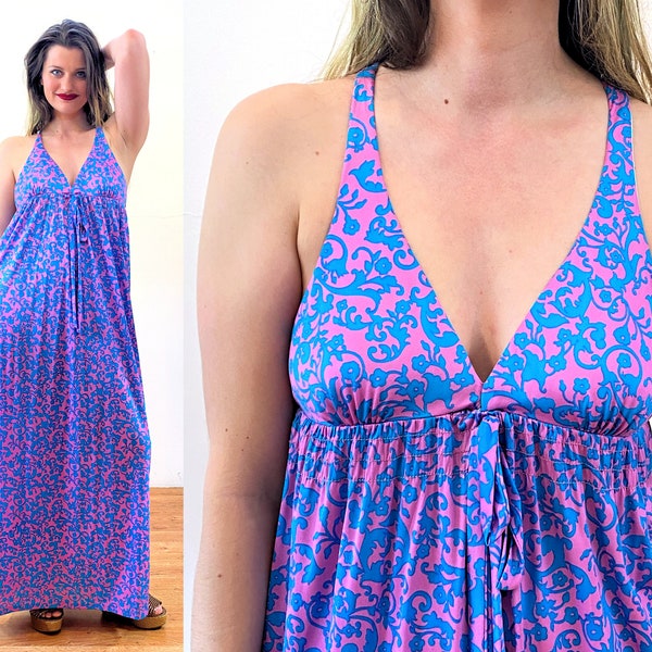 70s "Bobbie Brooks" Nightgown S M, Vintage Pink Blue Long Nylon Halter Empire Waist Maxi Dress Nightie, Small Medium