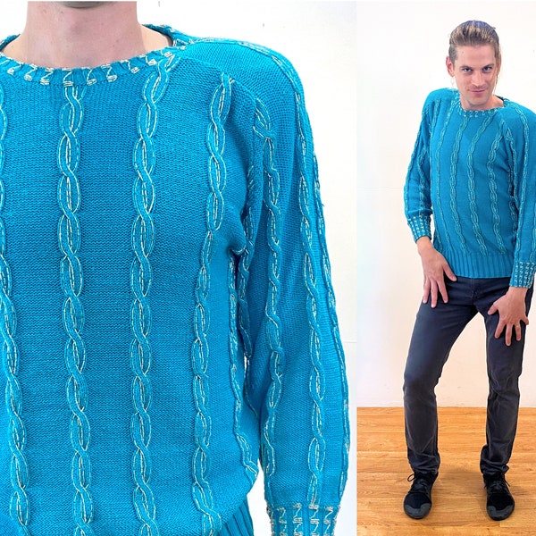 80s Turquoise Beaded Sweater L, Vintage Blue Silver Embellished Ramie Cotton 1988 "Bonnie Boerer" Fun Party Jumper, Large Tall