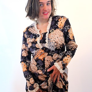 70s Floral Grannycore Dress M L, Vintage Crochet Lace Trim Boho Brown Orange Prairie Cottagecore 1970s Hippie Midi Dress, Medium Large