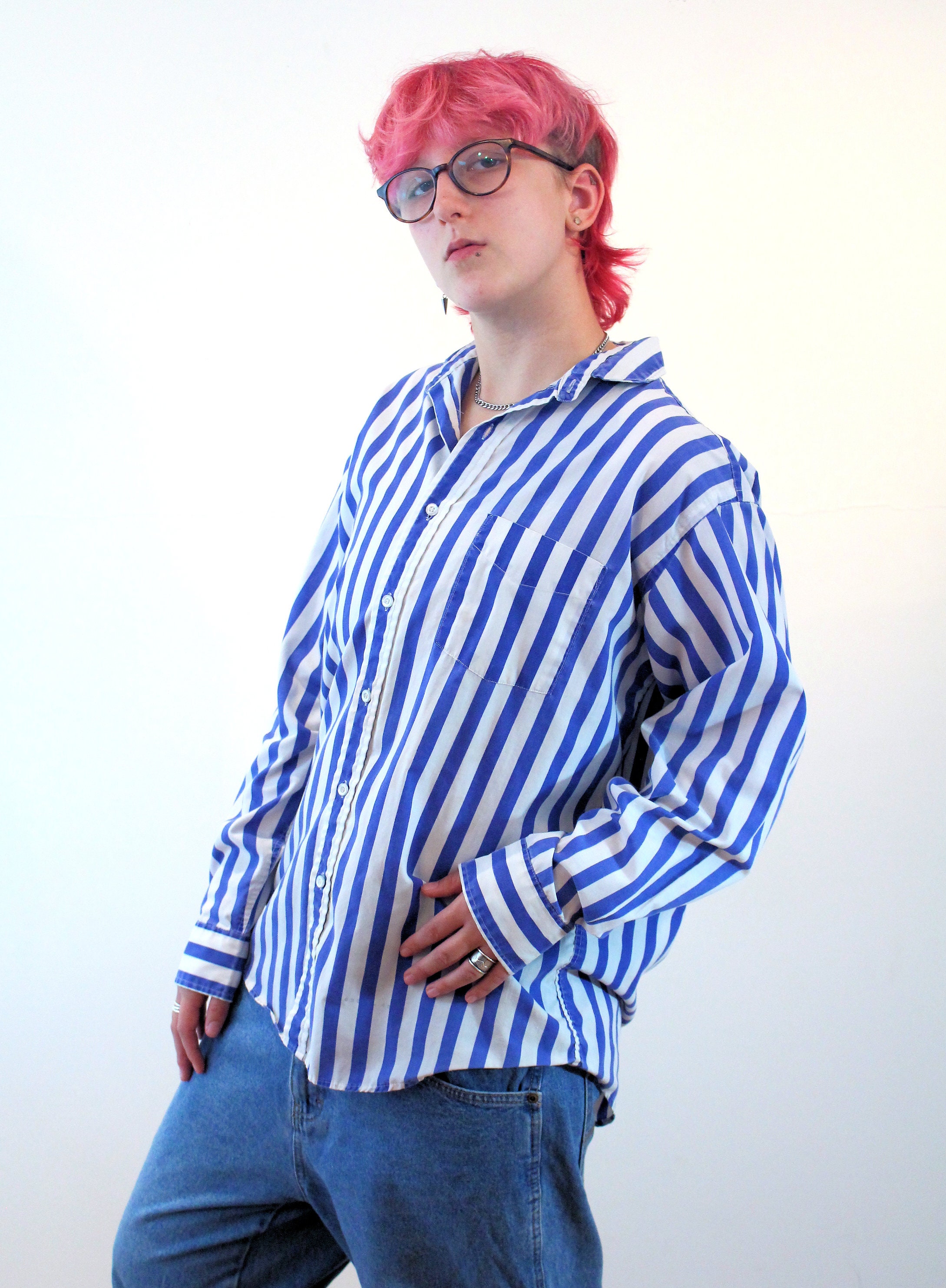 80s Wide Striped Button up Shirt L XL Vintage Blue White - Etsy
