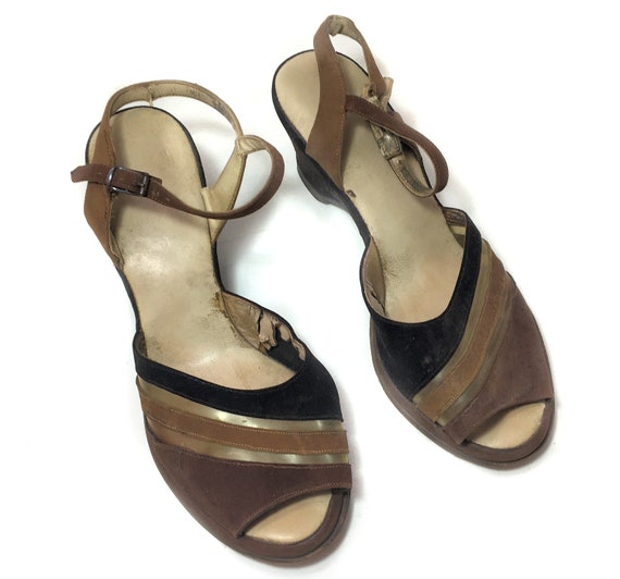 1940s Two Tone Wedges size 6-1/2, Vintage Brown F… - image 4