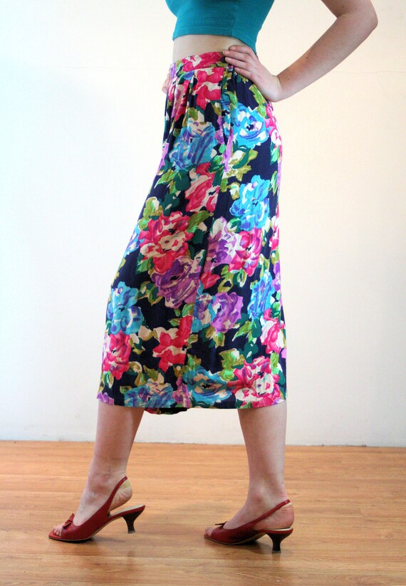 80s Colorful Floral Skirt S, Vintage Bright Rayon… - image 2