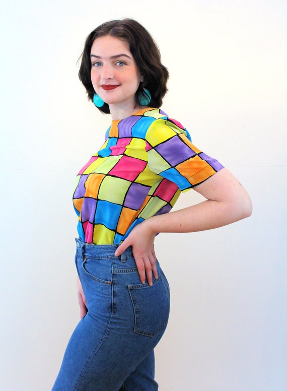 90s Checkerboard Top S, Vintage Rainbow Pastel Co… - image 4