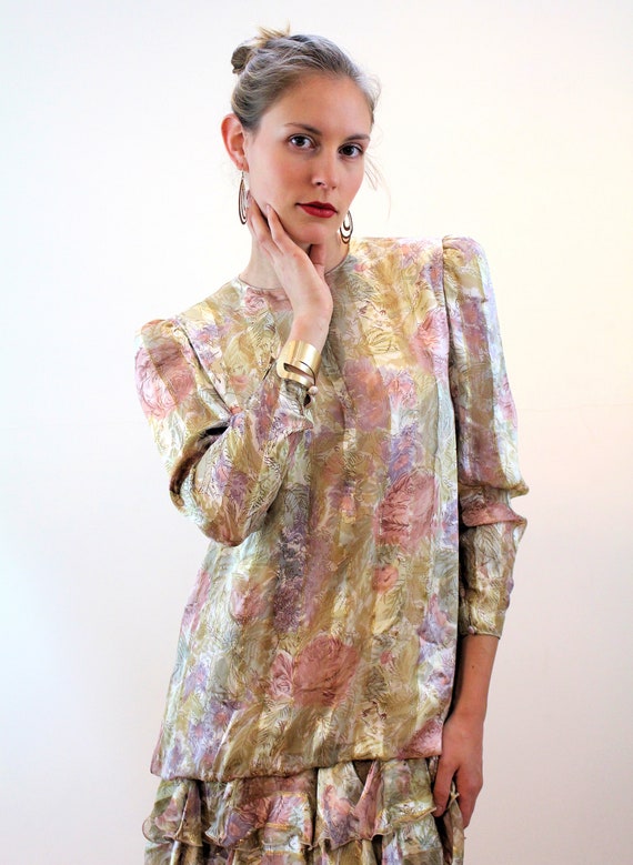80s Couture Silk Dress M, Vintage Pastel Gray Pin… - image 6