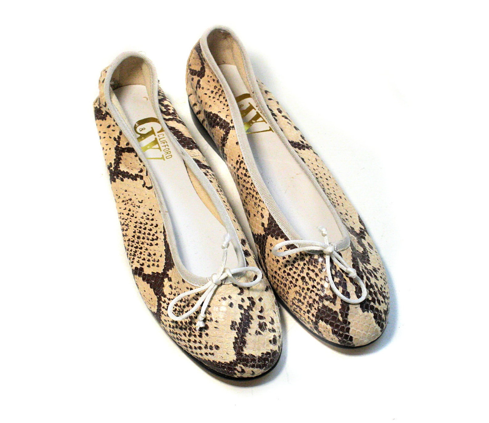 90s snakeskin flats size 10, unworn vintage reptile clifford and wills snake leather tan brown italy ballet slip on shoes