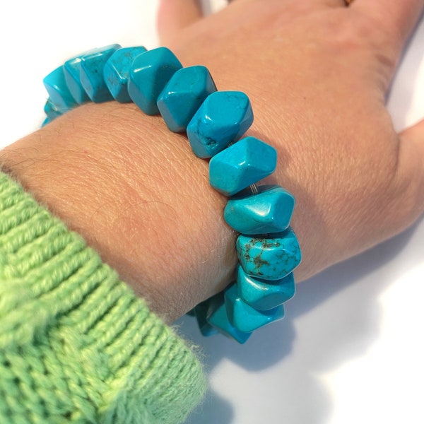 Y2K Turquoise Nugget Bracelet, Vintage Blue Dyed Turquoise Large Organic Shape Heavy Bead Boho Hippie Stretch Bracelet
