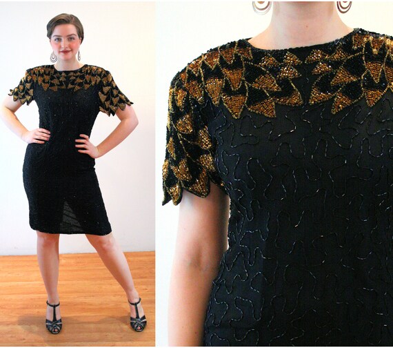 80s Beaded Dress M Vintage Black Gold Sequin Silk Keyhole Back american Night India Glam Embellished Flapper Party Dress Medium Etsy UK