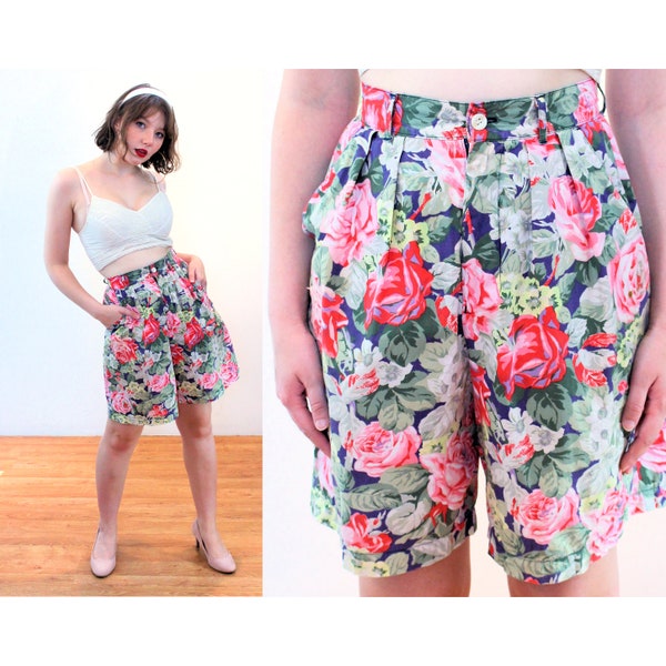 90s GAP Floral Shorts S, Vintage Green Pink Cabbage Rose Print Cotton Romantic Highwaisted Bermuda Shorts, Small