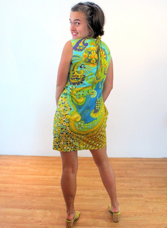 60s Mod Paisley Mini Dress M, Vintage Yellow Blue… - image 3