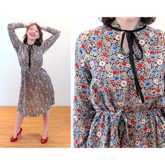 70s "Lady Madonna" Dress S P, Vintage Blue Red Sw… - image 1