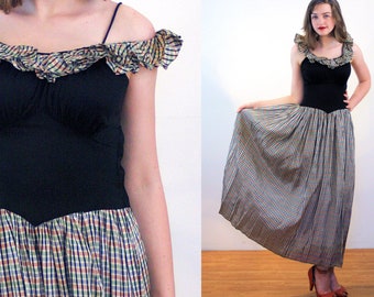 1930s Taffeta Gown XS, Vintage Black & Multi Color Plaid 30s 40s Pre-WWII Long Formal Ruffled Princess Party Dress, Extra Small