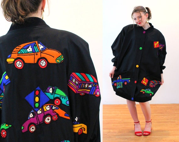 80s Silkscapes Coat S M L, Cars Trucks Driving Whi