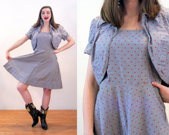 50s Polka Dot Dress Bolero Outfit S, Gray Red Vint