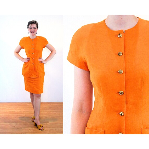 80s Albert Nipon Skirt Suit S Vintage Orange Linen Designer Two