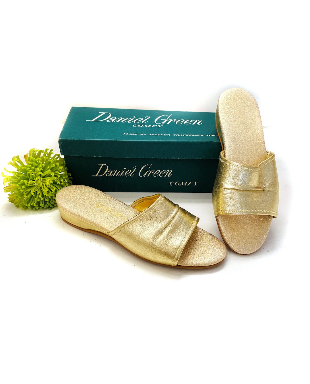 60s Daniel Green Slippers 7, Vintage Gold Metallic New Old Stock Slip