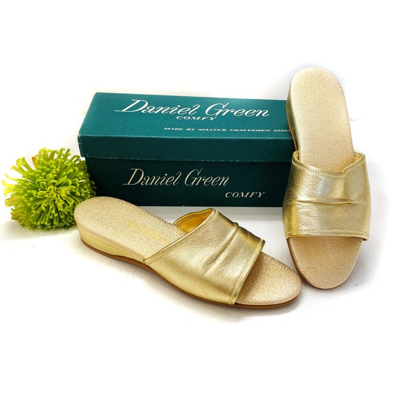 60s Daniel Green Gold Slippers 7, Vintage New Old Stock Metallic Slip On Sandals Elegant Glam Deadstock House Shoes in Original Box, US 7B