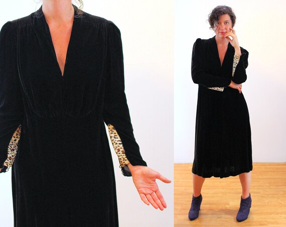 40s Velvet Leopard Trim Dress L, Black Silk Vintag