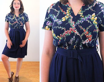 40s Rayon Crepe Dress S, Vintage Navy Floral Top with Solid Blue Color Attached Skirt 1930s 1940s Pre-WWII Landgirl Belted Frock, Small