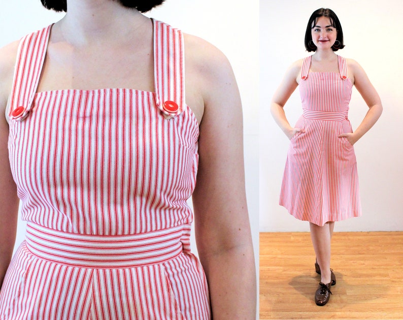 70s Candy Stripe Overalls Dress S Small Red White Vintage Suspenders Sundress