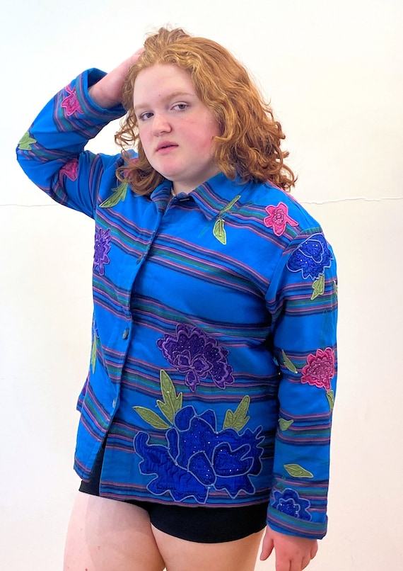 Y2K Chico's Patchwork Jacket XL, Vintage Blue Beaded Floral