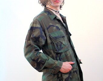 60s Camo Jacket S Regular, Vintage Olive Drab Woodland Camouflage US Army  Distressed Military Twill Cargo Coat, Small Medium